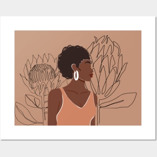 Fashion collage with abstract African woman portrait and one line protea flowers. Mid century Silhouette. Posters and Art